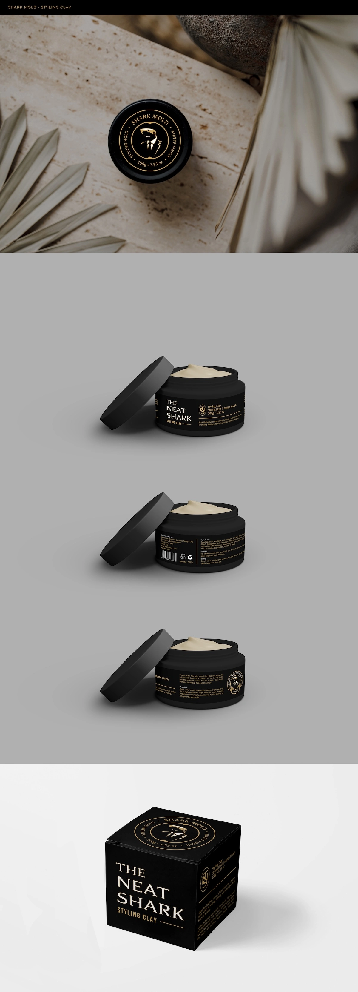 Shark Mold Styling Clay — matte black jar with gold shark crest and retail box