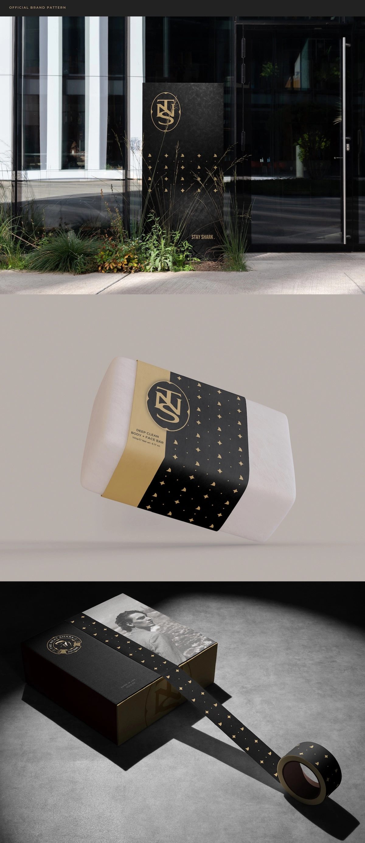 TNS monogram storefront signage, soap packaging with diamond scatter pattern, and branded gift box with custom tape