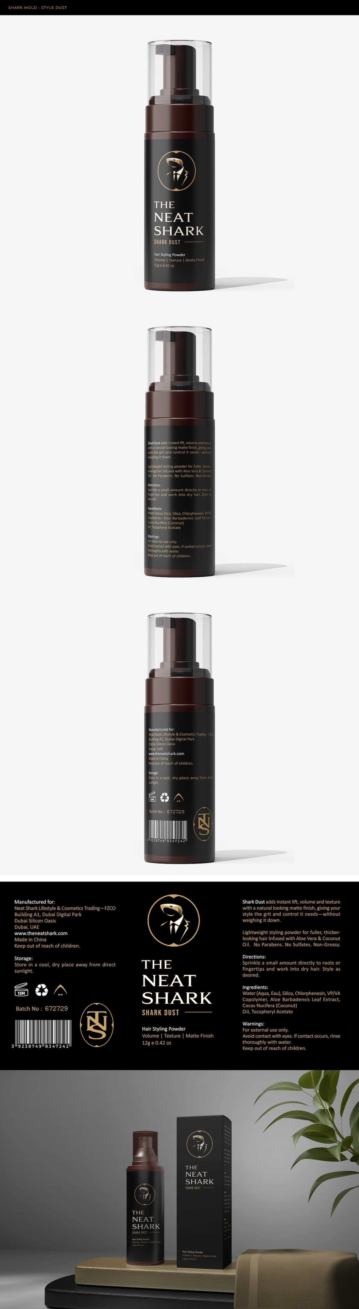 Shark Dust Styling Powder detailed product showcase — pump bottle from multiple angles, full label layout with ingredients and directions, and product with retail box